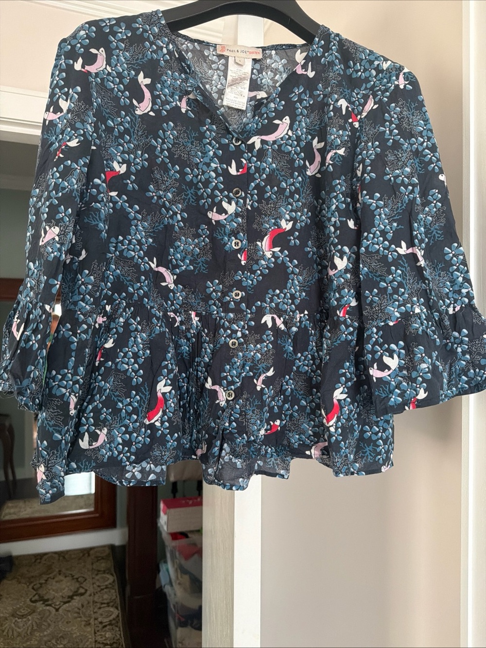 Paul & Joe Navy Blue fish Print Peplum Button-Front Blouse size 3